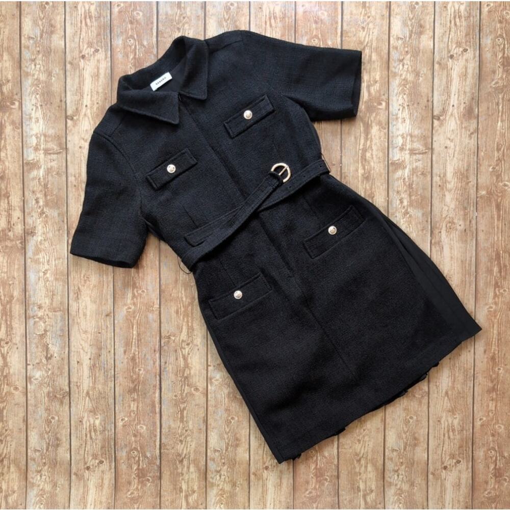 Sandro Nour Tweed Shirt Dress Short-Sleeve Dress in Two Materials -Black Size 40 - Picture 3 of 7
